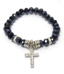 Arras Creations Metallic Glass Beads with Rhinestones Cross Charm Stretch Bracelet for Women