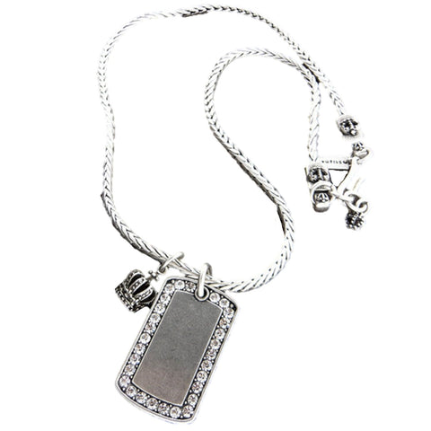 Mens Stainless Steel Metal Chain Necklace - Crystal Dogtag and Crown Pendant