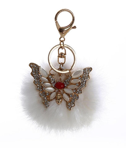 Rhinestone Rabbit Fur Pom Pom with Butterfly Key Chain / Bag Charm / AZKCPCA05-GWH
