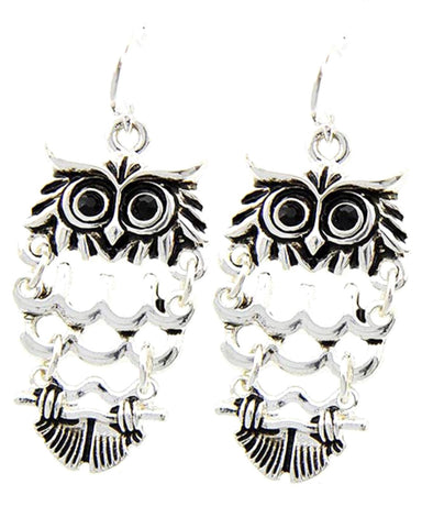 Halloween Antique Silver Owl Dangle Fish Hook Earring / AZERFH481-ASL-HAL