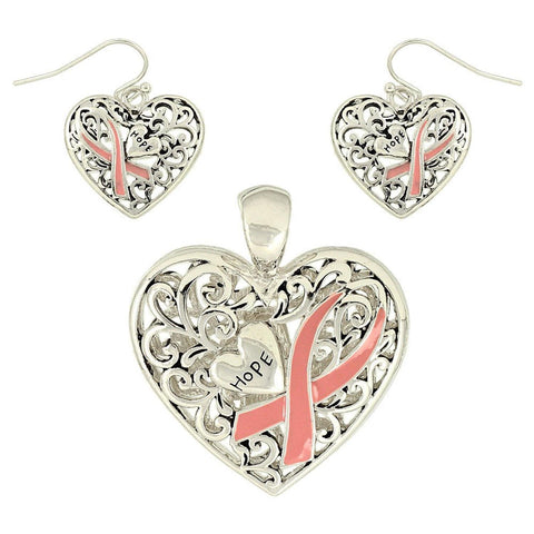 Arras Creations Valentine Heart Pink Heart Breast Cancer Awareness Pendant & Earring Set for Women/ AZFJFP378-STP