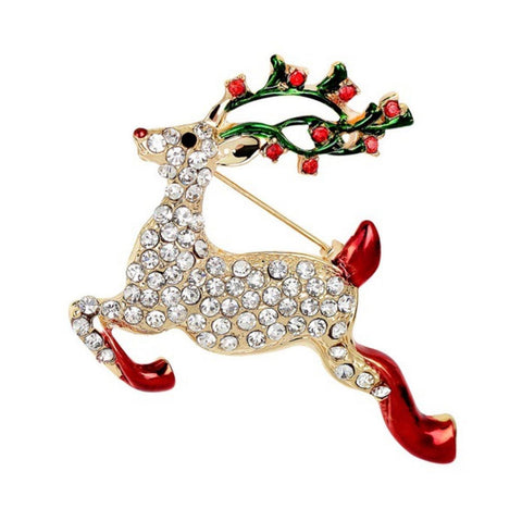 Christmas Enamel Rudolph Deer Rhinestones Brooch / AZFJBRA05-GMC
