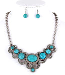 Rhinestone with turquoise Aged-Silver Color Metal Necklace & Earring Set / AZFJGE006-TUR