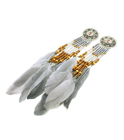 Fish Hook Feather Bohemian Extra Long Wooden Beads In/with Gray Feather