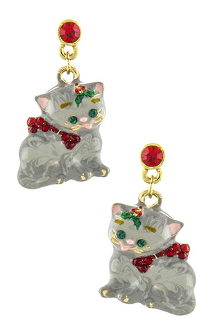 Cat With A Christmas Bow Accent Earrings / AZERCHR03-SRD
