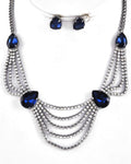 Arras Creations Hematite Tone/Blue Glass & Clear Rhinestone/Multi Row/Necklace & Post Earring Set / AZBLRH021-HCB