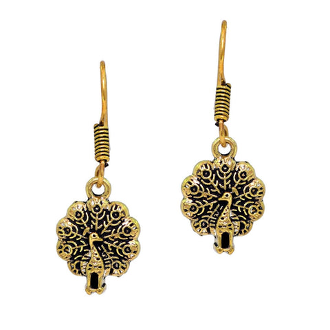 Dancing Peacock Inspired Gold Plated Oxidised Drop Earrings For Women / AZINOXE42-AGL
