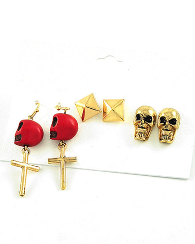 Antique Gold Tone / Red Stone / Skull / Halloween / Fish Hook & Post Earring Set