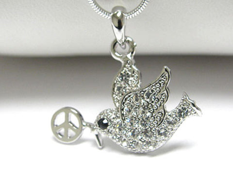 White Plating Peace Theme Crystal Dove Pendant Necklace For Women / Color: Silver - Clear / AZFJLO026-SCL