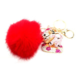 Fashion Rhinestone Fox Fur Cat Key Buckle Pom Pom Key Chain/Bag Charm For Women / AZKCPCA02-GRD