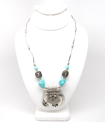 Bohemian Antique Silver Elephant Turquoise Pendant Choker Necklace / AZVJNE203-ABL