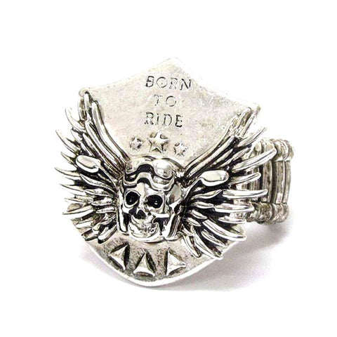 Arras Creations Fashion Trendy Unisex Skull and Wing Deco Born To Ride Bikers Stretch Ring For Women / AZRIFR001-ASL-BIK