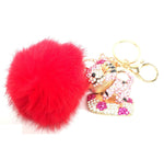 Fashion Rhinestone Fox Fur Cat Key Buckle Pom Pom Key Chain/Bag Charm For Women / AZKCPCA02-GRD