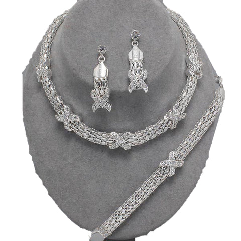 Trendy Silver Plated Full Partywear Set - Necklace Earring Bracelet Ring Set / AZFJFS007-SCL