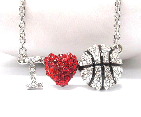I love basketball pedant necklace - Silver/Red-Black / AZSJCH005-SRB