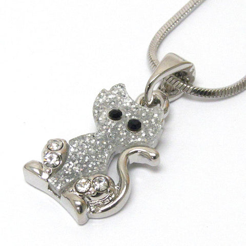 Crystal and Glittering Glass Cat Pendant Necklace / AZFJLO027-SCL