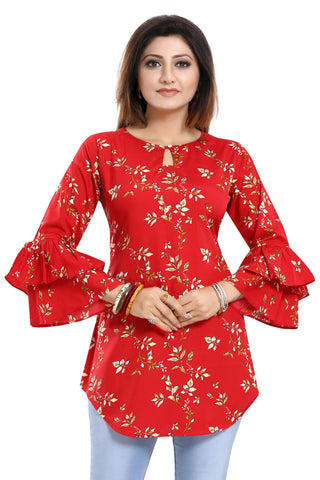 Floral Attire Red Poly Crepe Short Kurta With Frilled Sleeves SC2493