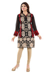 Black Fine Georgette Short Tunic Top With Red And Beige Machine Embroidery AN01-4