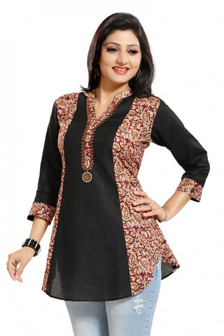 Black Allure ALine Asymmetrical Short Tunic With Kalamkari Print For Everyday Wear SC1032