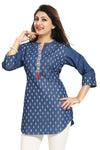 Denim Dream Tunic With Small White Motifs And Floral Gala Patti Short Top For Everyday Wear DN2204