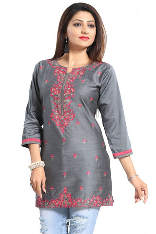 Elegant Gray Short And Straight Raw Silk Tunic With Pink Machine Work Embroidery BD408