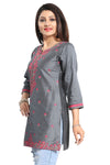 Elegant Gray Short And Straight Raw Silk Tunic With Pink Machine Work Embroidery BD408-1
