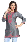 Elegant Gray Short And Straight Raw Silk Tunic With Pink Machine Work Embroidery BD408-2