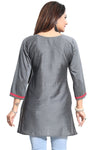 Elegant Gray Short And Straight Raw Silk Tunic With Pink Machine Work Embroidery BD408-3