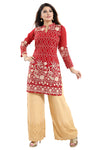 Resplendent Red Fine Georgette Short Tunic Top With Beige Embroidery AN05-4