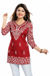 Red Printed Faux Crepe Ladies Short Kurti Tunic MI518R