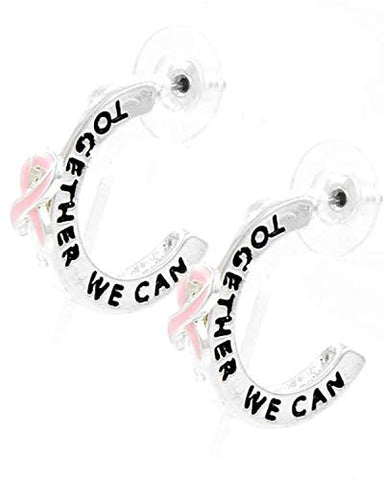 Breast Cancer Trendy 'We Can Together' Pink Epoxy Pink Ribbon W/message Hoops Post Earring Set For Women / AZERBC233-ASP