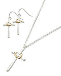 Arras Creations Fashion Trendy Rhodiumized & Rose Gold Tone Metal Cross W/Heart Delicate Necklace Earrings for Women / AZFJFP560-CSL
