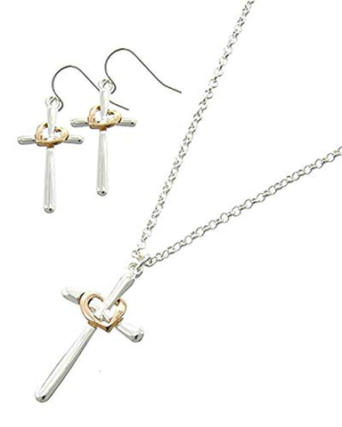 Arras Creations Fashion Trendy Rhodiumized & Rose Gold Tone Metal Cross W/Heart Delicate Necklace Earrings for Women / AZFJFP560-CSL