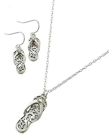 Arras Creations Fashion Trendy Epoxy & Rhinestone Metal Filigree Flip Flop Necklace & Earrings for Women / AZFJFP575-ASW