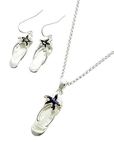 Arras Creations Fashion Trendy Abalone Epoxy Metal Flip Flop W/Starfish Delicate Necklace & Earrings for Women / AZFJFP080-ASA