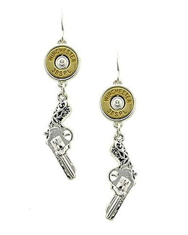 Western Theme Fashion Trendy Metal Dangle Bullet Winchester 38spl & Pistol Earrings For Women / AZERSW822-ASG