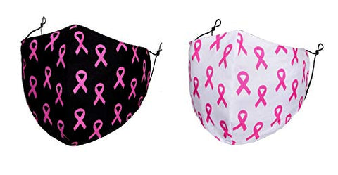 Set of 2 - Pink Ribbon Breast Cancer Ribbon Print Fashion Mask for Men and Women / AZMF3648-PBW