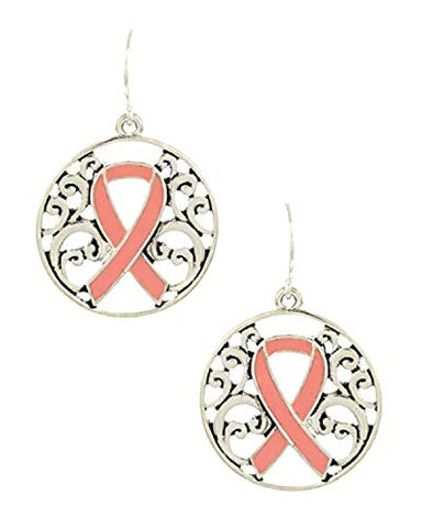 Breast Cancer Awareness Fashion Trendy Pink Epoxy Filigree W/pink Ribbon Round Dangle Fish Hook Earrings For Women / AZBCER732-ASP