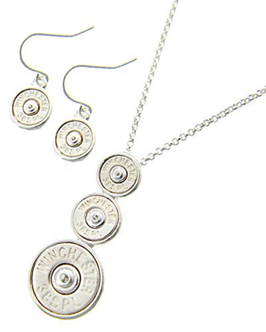 Arras Creations Western Fashion Trendy Western Theme Graduating Bullet Winchester 38spl Pendant Necklace & Earrings for Women / AZFJFP160-MSL