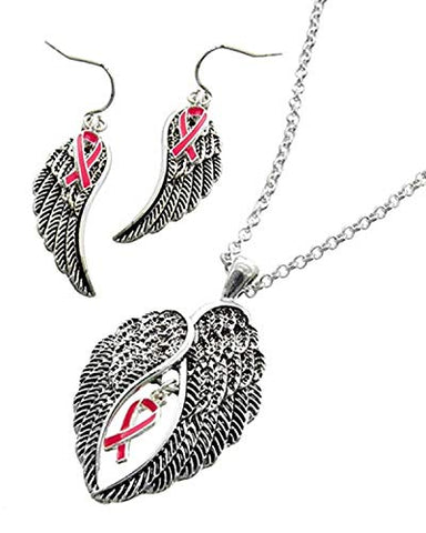 Trendy Pink Epoxy Pink Ribbon Angel Wing Pendant Necklace & Fish Hook Earring Set For Women / AZFJFP431-ASP