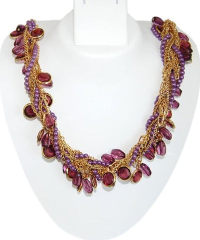 Multiple Purple crystal & pearl beads strings with Gold chains Short Fusion Necklace