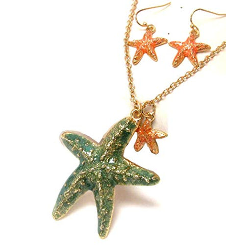 Fashion Trendy Painted Starfish Pendant Necklace Earrings Set For Women / AZNSSEU003-GGP