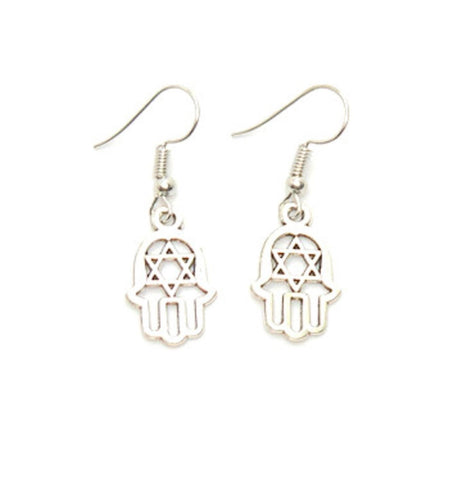 Antique Silver Hamsa Dangle with Star of David Earrings For Women / AZAEHH002-ASL
