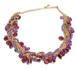 Multiple Purple crystal & pearl beads strings with Gold chains Short Fusion Necklace