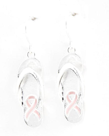 Breast Cancer Awareness - Silver Tone Metal Pink Ribbon Flip Flop Dangle Earring / AZERFF382-SPI-BCA