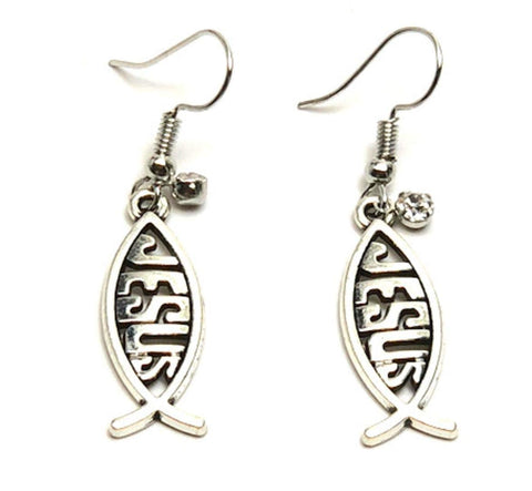 Antique"Jesus" Dangle Message Fish Hook Earrings For Women / AZAELJ201-ASC