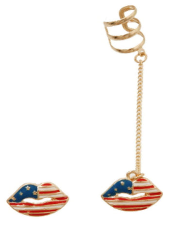 Fashion Trendy American Flag Lip Chain Ear Cuff with a Matching Earrings For Women / AZEREC856-GMU