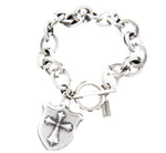 Mens stainless steel wide chain bracelet - Cross shield charm - 8 inch