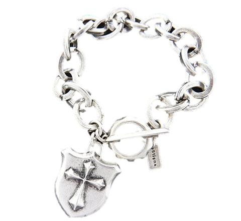 Mens stainless steel wide chain bracelet - Cross shield charm - 9 inch