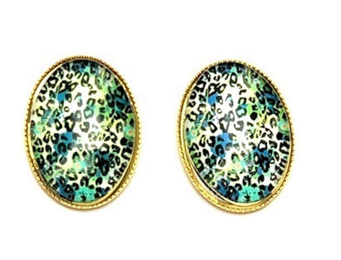 Trendy Fashion Cameo Cabochon Leopard Print Button Post Earrings for Women / AZEACPS01-GGB